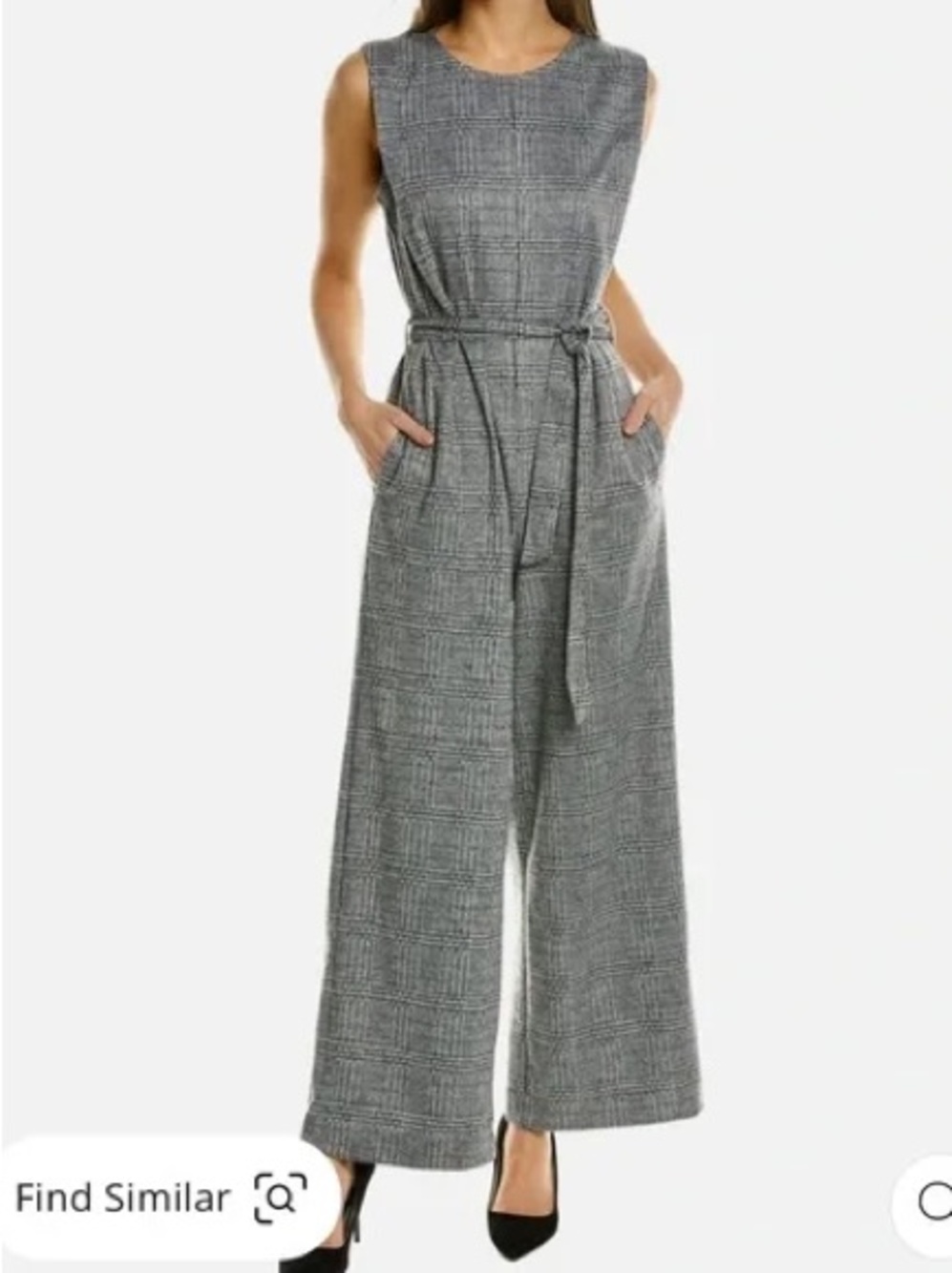 Max Studio Sleeveless Wide-Leg Plaid Jumpsuit with Tie Belt - Gray